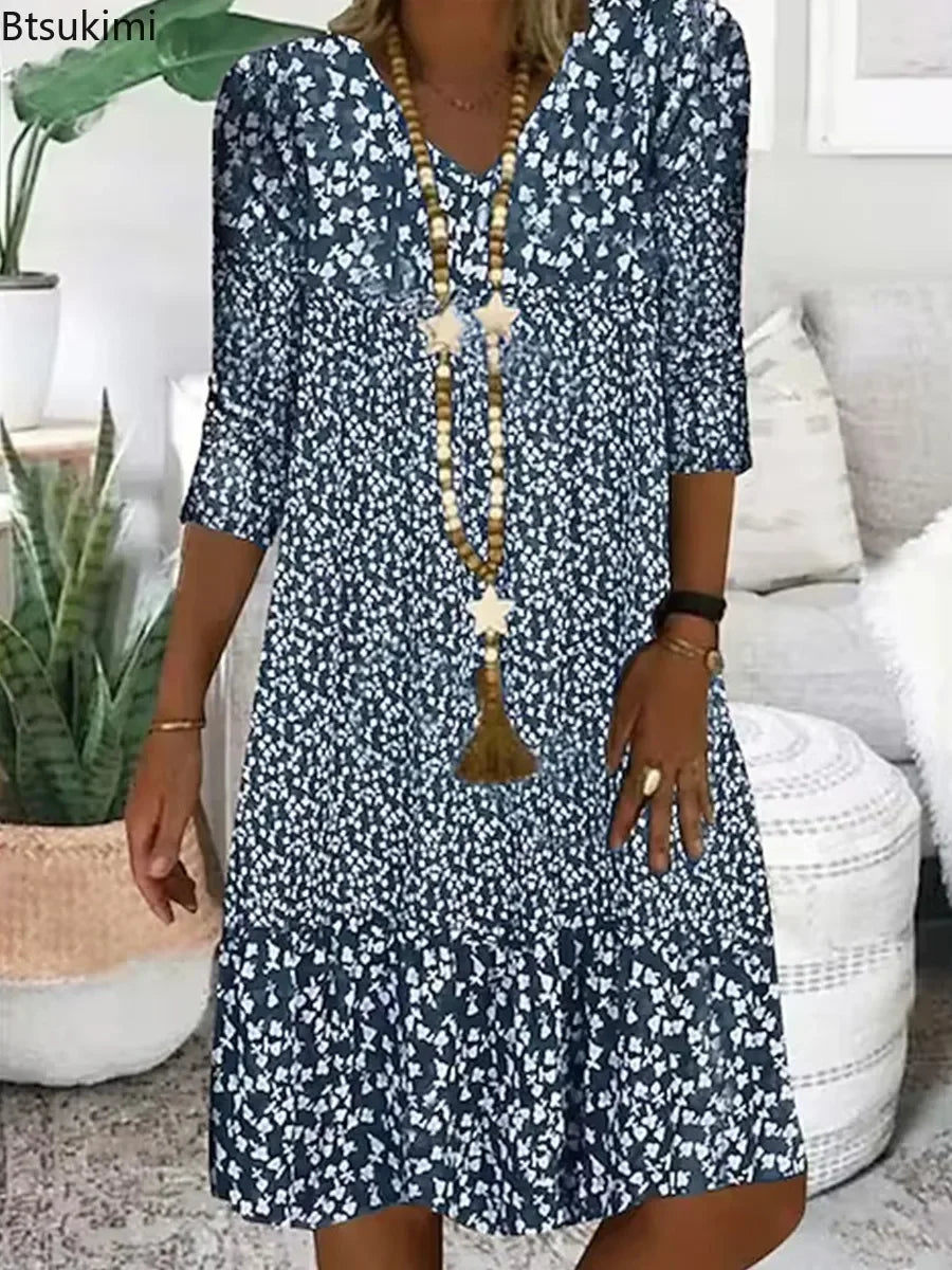 Summer Dress Women Vintage Floral Printed A-Line Dress Fashion V-neck Boho Beach Skirt Elegant Party Dress Casual Vestidos Femme