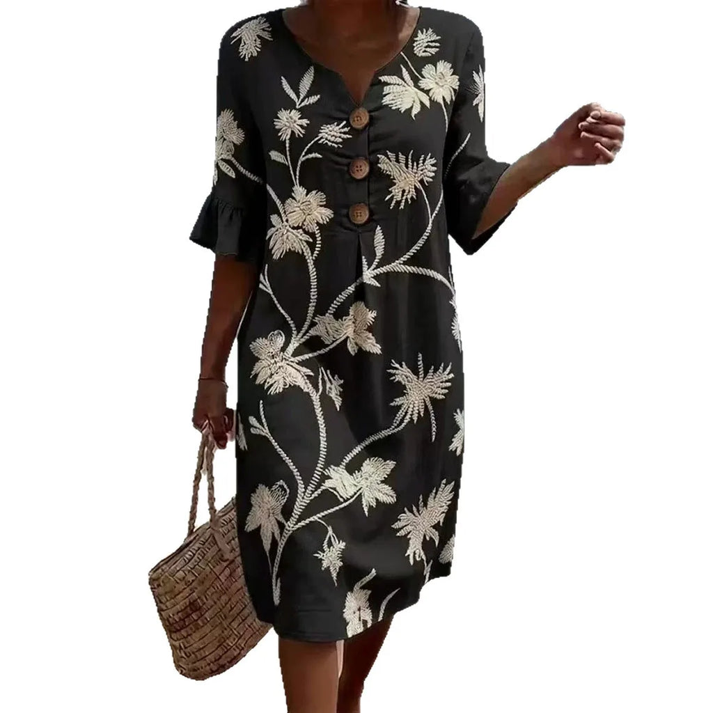 Summer Vintage Printed Dress Women Casual V Neck Half Sleeve Button Design Midi Dresses For Women Loose Beach Holiday Dress Boho