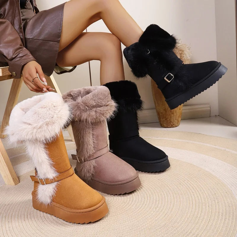 *Fashionable Hot Selling Sexy Warm Snow Boots for Women Winter New Round Toe Thick Sole Comfortable Casual Mid Length Boots