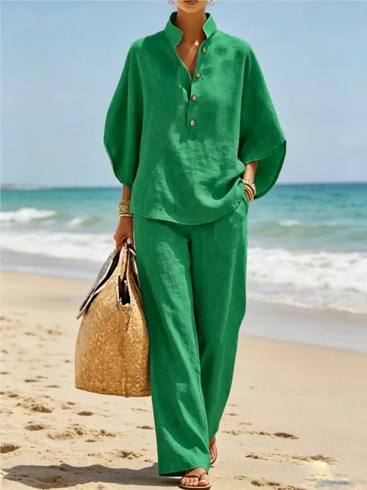 New Women's Casual Shirt Suit Fashion Elegant Balck Holiday Party 2 Piece Set Wide Leg Trousers 2-piece Set Retro Female Office