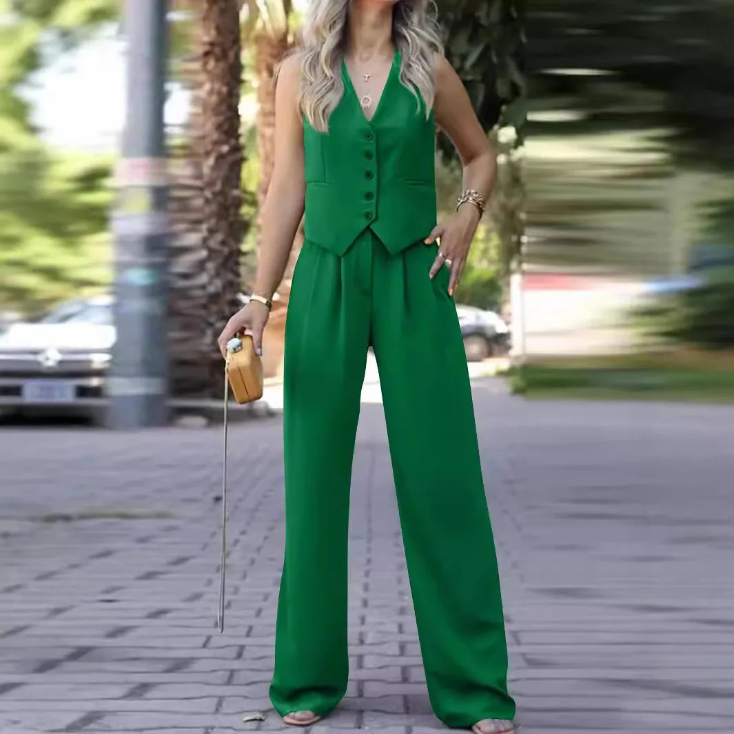 Wolfeel Womem Autumn Ol Chic Vest ＆ Pants With Pocket Suit Two-piece Set Office Ladies Summer Chic 2 Piece Sets Womens Outfits