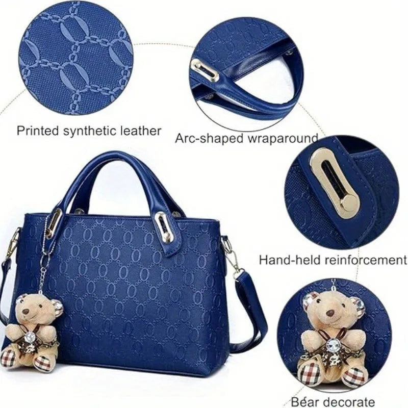 Fashion Embossed 4Pcs Women Handbag Set PU Tote Shoulder Bag Wallet Purse With Bear Pendant Daily Bags