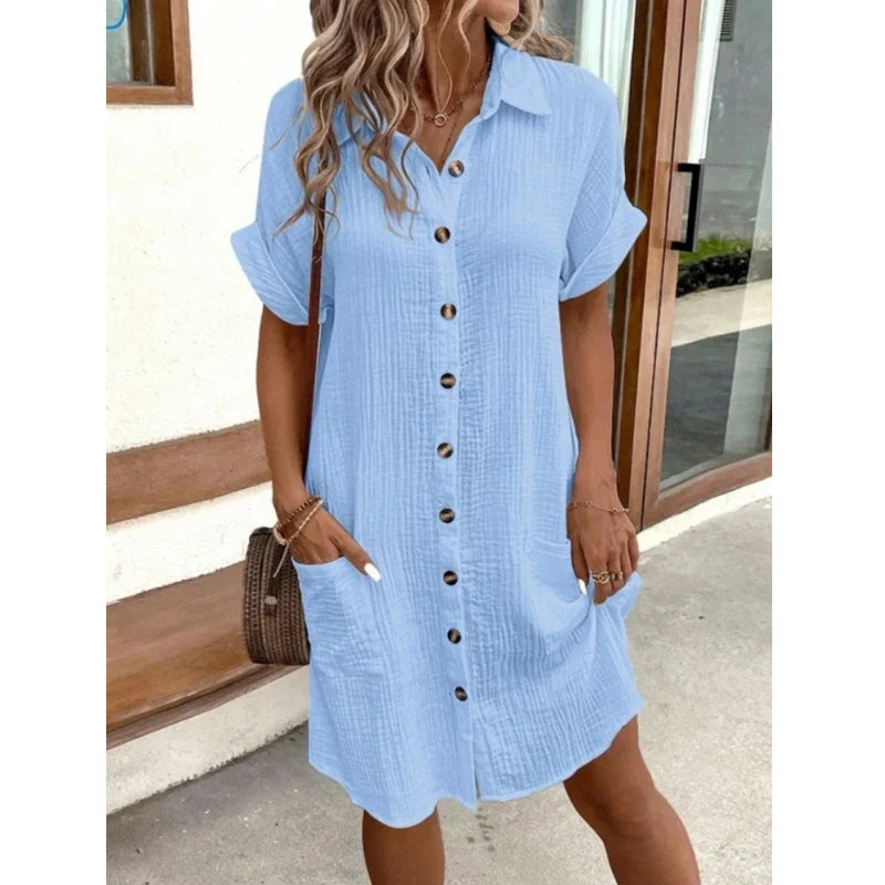 Vintage Women Solid Mini Dress Summer Fashion V-neck Three Quater Sleeve Cotton Linen Dress Ladies Casual Holiday Vestidos