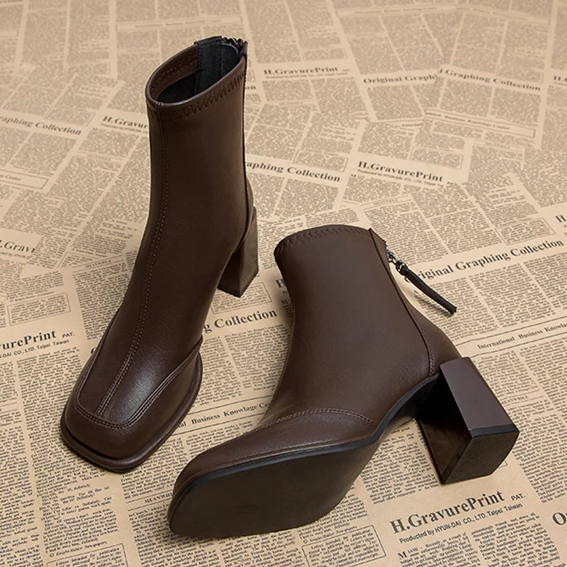 British Vintage Square Toe Ankle Boots Women 2025 Autumn Winter Thick High Heel Black Pu Boots Woman Cowboy Short Booties Shoes