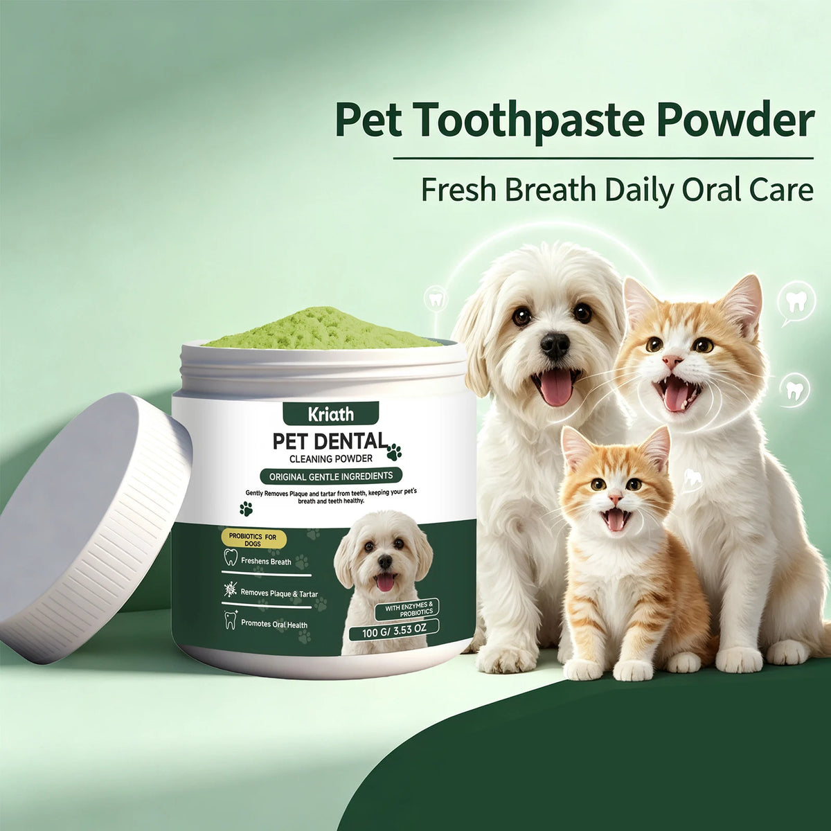 Pet Dental Cleaning Powder Freshen Breath Remove Plaque Tartar Probiotics Enzyme Dog Teeth Care Powder Daily Pet Oral Care 100g