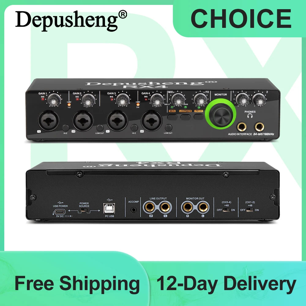 Depusheng Audio Interface RX4 Sound Card AD Converter with Monitoring Electric Guitar Live Recording For Studio Singing Podcast