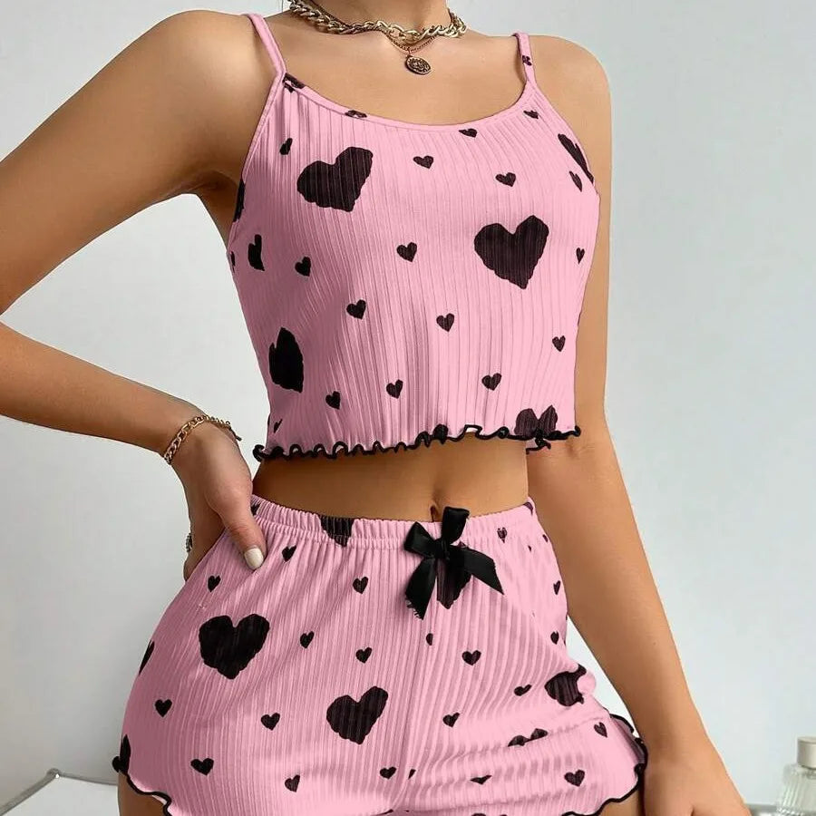 2 Pieces Set Women'S Pajama Shorts Suit Homewear Print Underwear Pijama Sexy Lingerie Camisoles Tanks Nighty Ladies Sleepwear