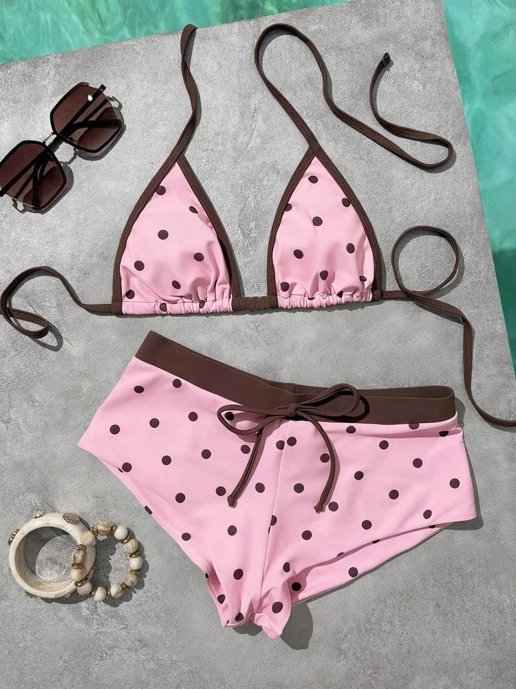 Women's Polka Dot Brazilian Bikini Set Sexy Triangle Top Exposed Back Side Slotted Thong Bottom Two-Piece Swimsuit