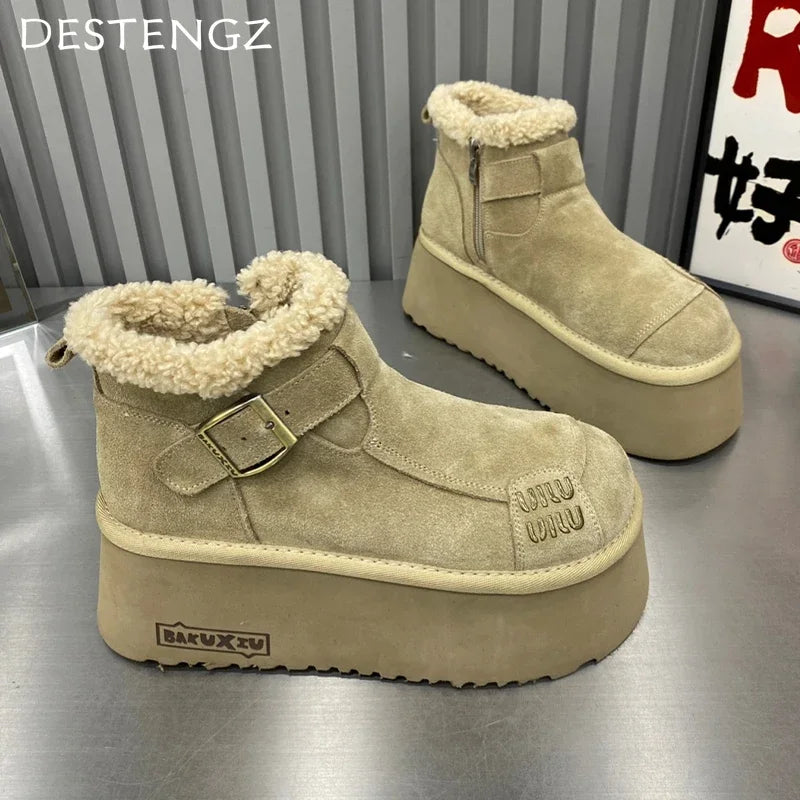2024 New Fur Platform Women Ankle Boots Flats Suede Warm Shoes Woman Trend Designer Brand Short Plush Cozy Femme Snow Botas
