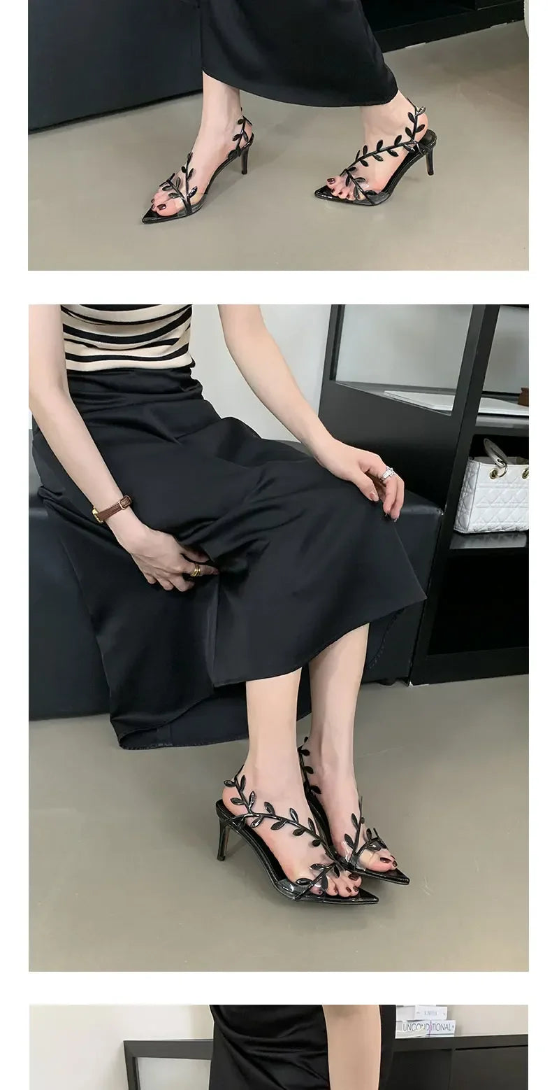 Street Style Fashion PVC Transparent Pointed Toe Women Sandals Street Prom Thin Heels Shoes Summer Zapatos De Mujer
