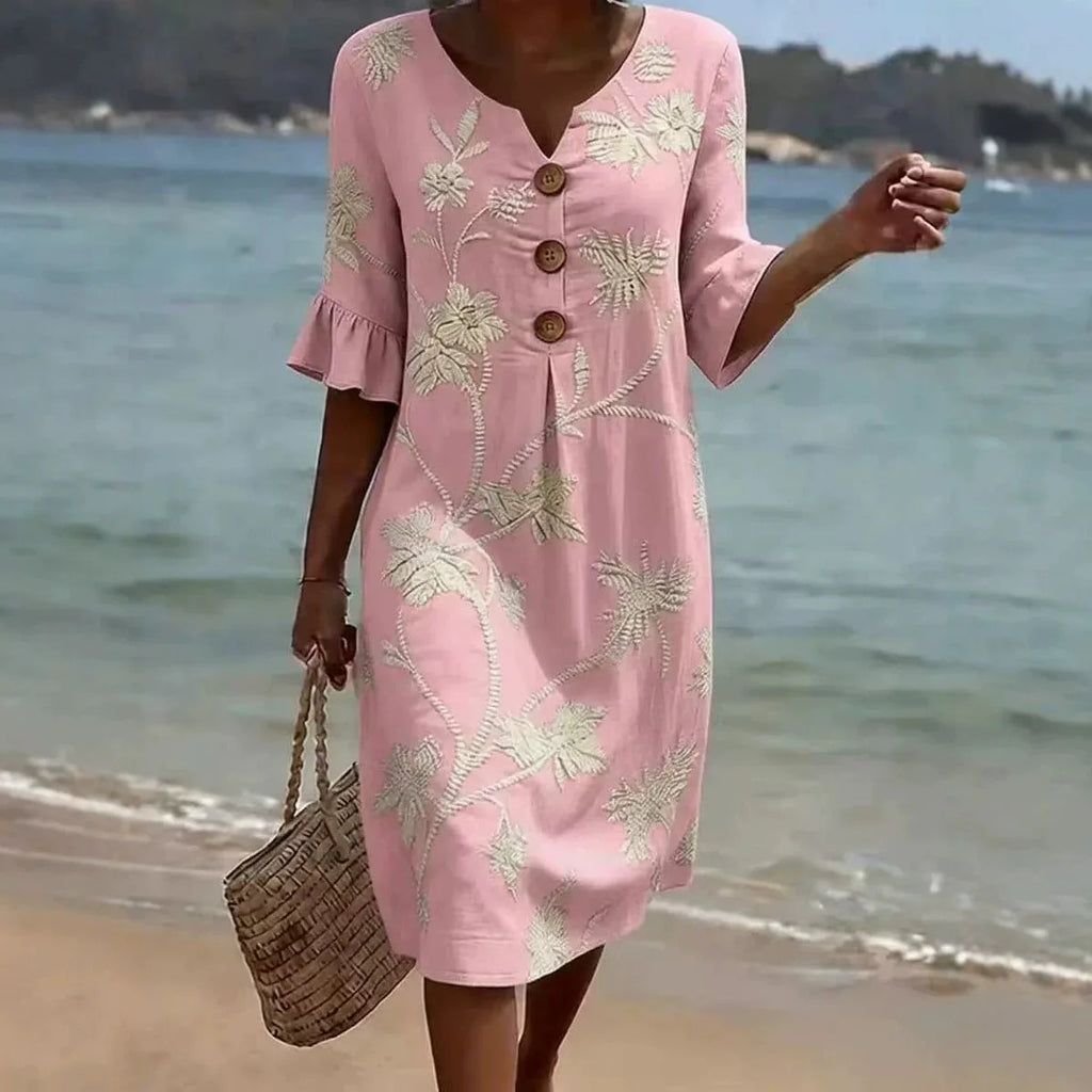 Summer Vintage Printed Dress Women Casual V Neck Half Sleeve Button Design Midi Dresses For Women Loose Beach Holiday Dress Boho