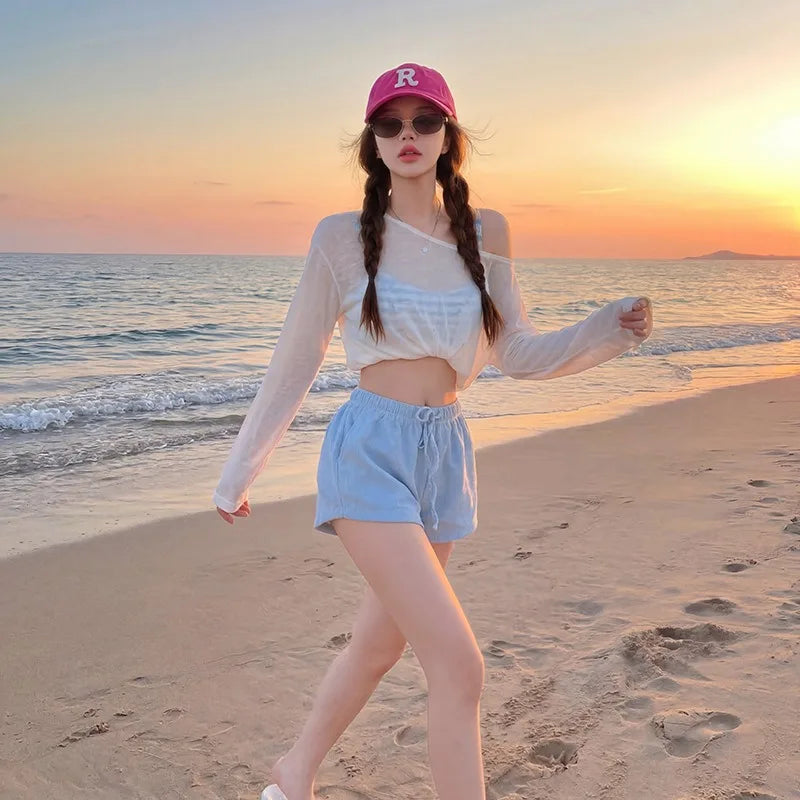 Women's 3-Piece Beach Outfit Sheer Long Sleeve Cover Up with Cami Top and Shorts, Casual Vacation Swimsuit Coverup Set