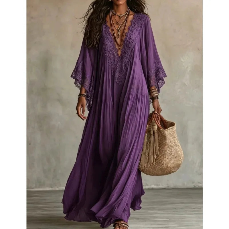 Boho Vintage Women's Summer Dress Lace Trim V Neck Flowy Maxi Dresses Women Flared Sleeve Loose Elegant Holiday Robe Vestidos