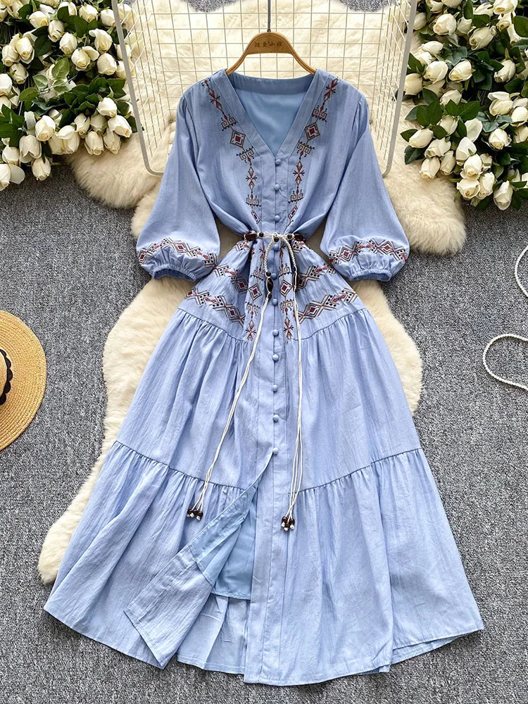 Women Summer Vestidos Retro Ethnic Style Bubble Sleeve V-neck Embroidered Single Breasted Waistband Temperament Dress DS188