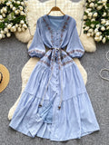 Women Summer Vestidos Retro Ethnic Style Bubble Sleeve V-neck Embroidered Single Breasted Waistband Temperament Dress DS188