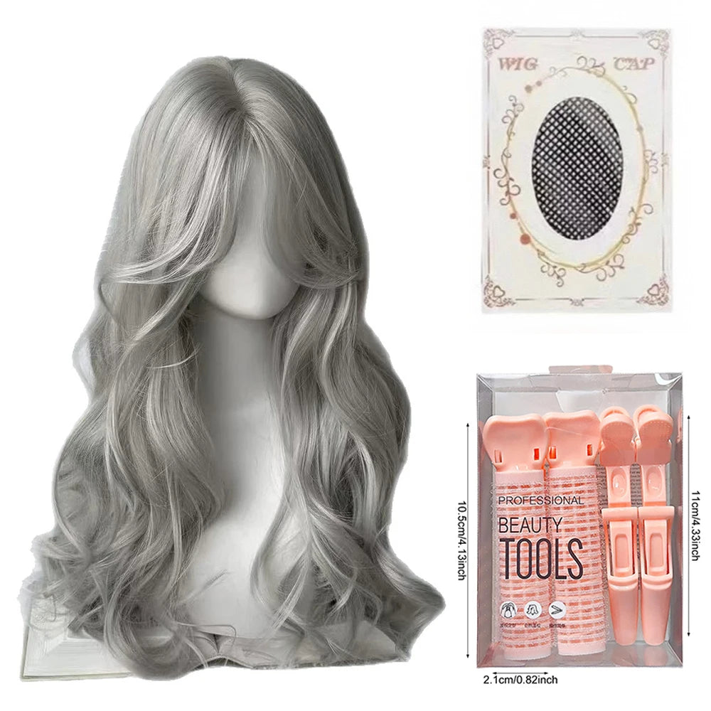Pink Wavy Synthetic Wig with Bangs Natural Long Curly Hair Cosplay Lolita  Layered Wig for Women Daily Use Wig Heat Resistant