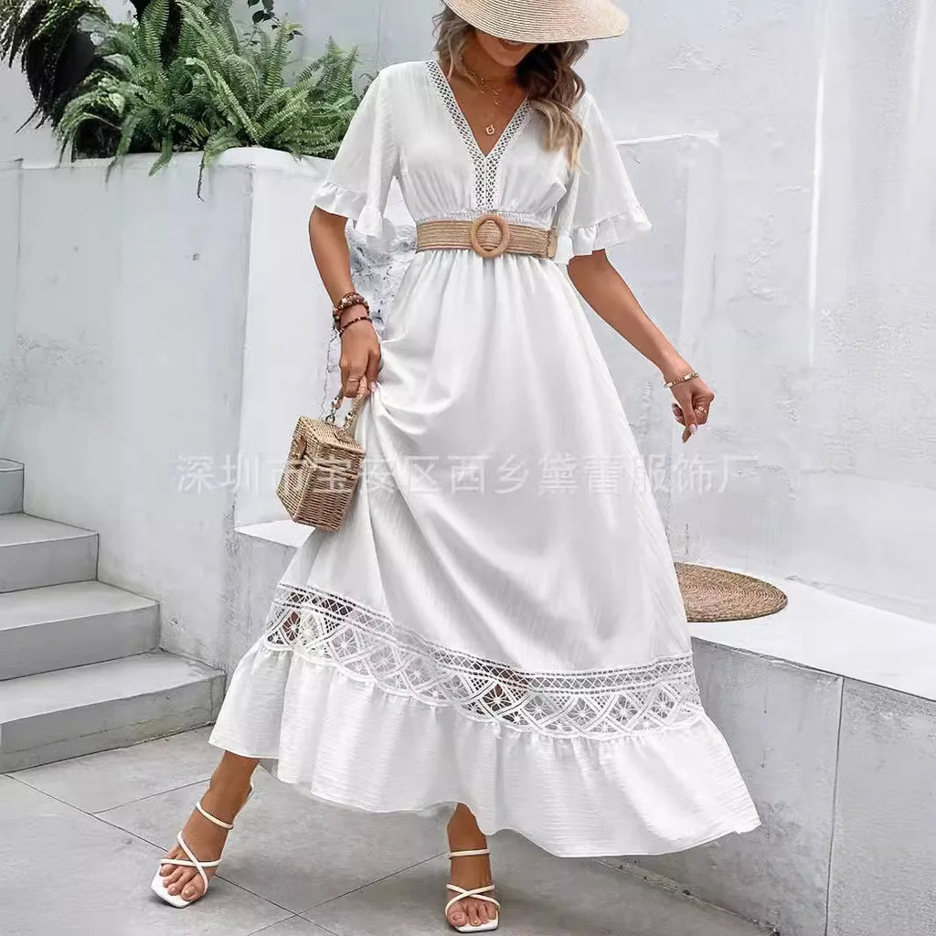 White Long Dress Women Dresses A Line Vestidos V Neck Short Sleeve Elegant Splice Y2k Temperament High Waist Solid 2025 Summer