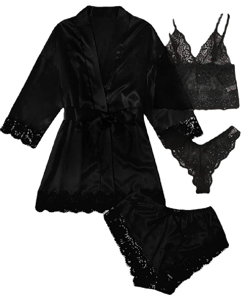 4-piece women's luxurious V-neck pajama nightgown sexy lace satin halter bathrobe silk satin home nightgown home sexy pajamas