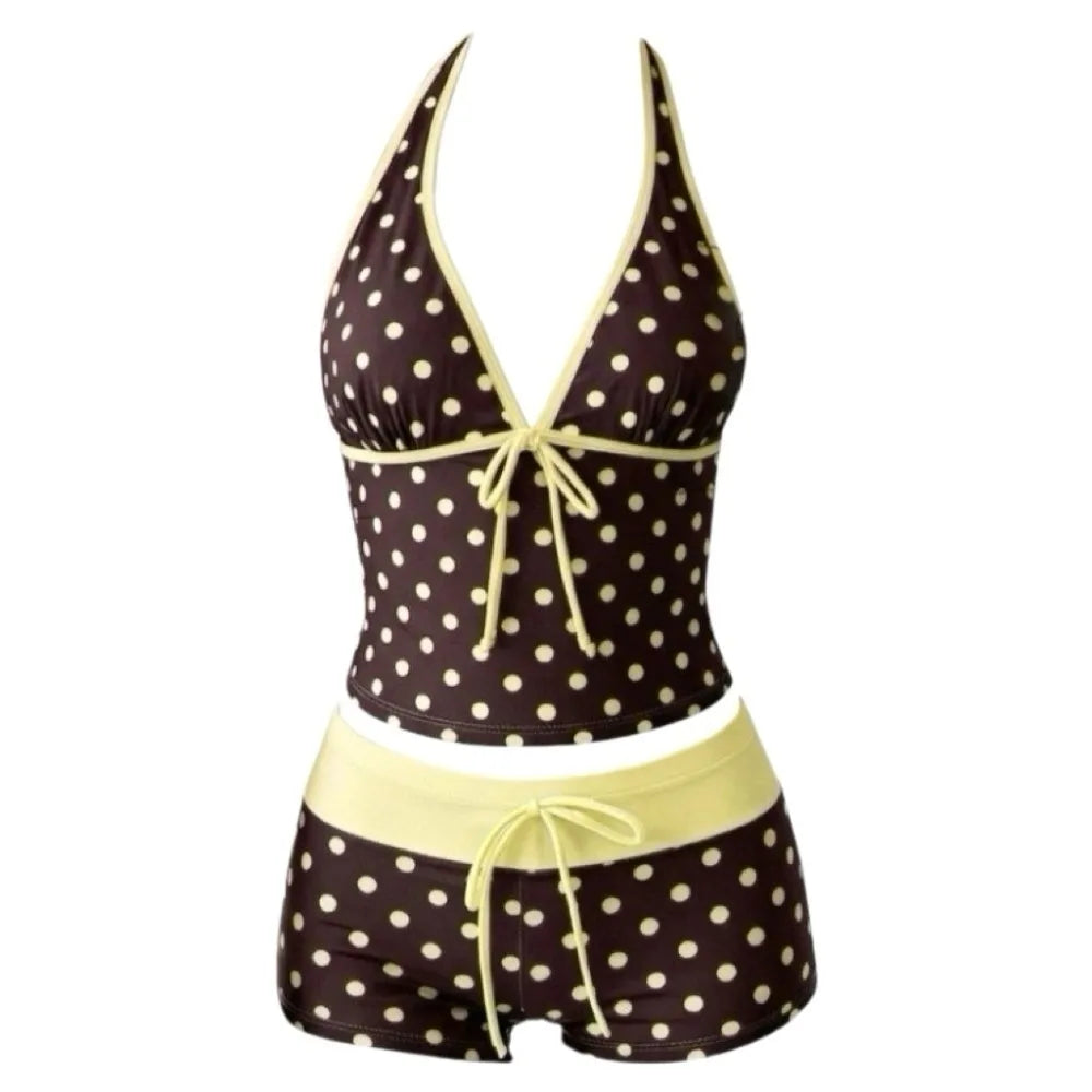 Bathing Suits Polka Dot Halter Bikini Set Low Waist Deep V Summer Beachwear Patchwork Lace-up Women Swimsuits Summer