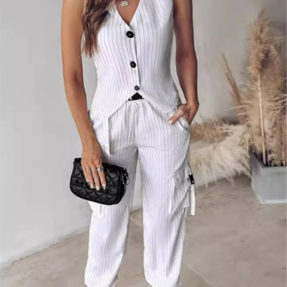 Women's Fashion Striped Printed Vest Trousers 2-Piece Set Spring Summer New Casual Sleeveless Vest Pocket Work Pants Female Set