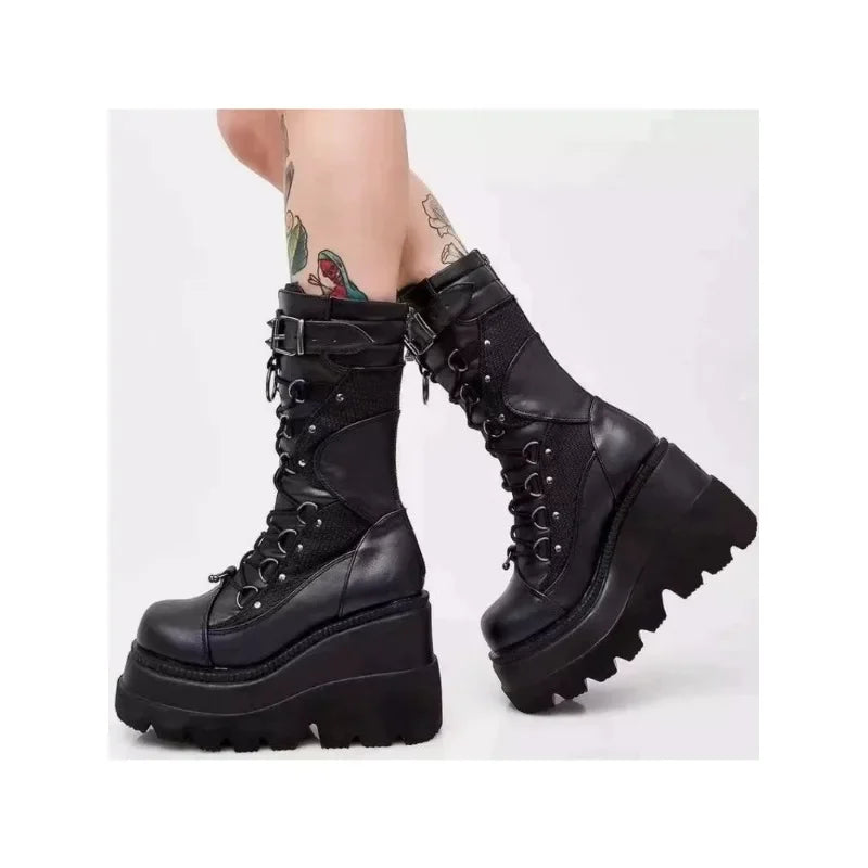 Women High Boots Cosplay Mid-calf Boots High Platform Wedges Boots 2023 Autumn Winter New Designer Gothic Shoes for Women Botas