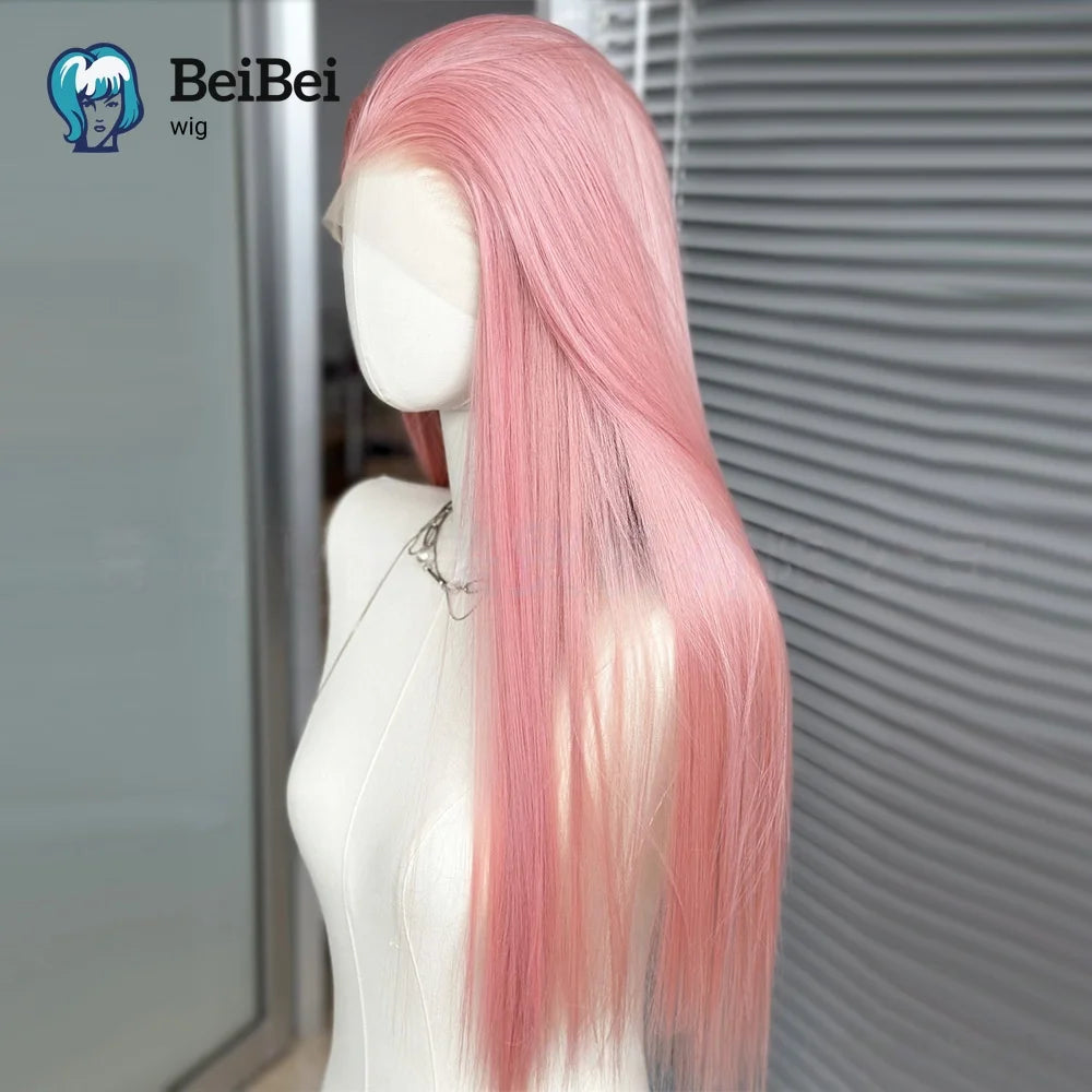 13×4 Rose Pink Synthetic Lace Front Wigs 26inch Long Straight for White Women Heat Resistant Fiber Peluca for Cosplay Daily Wear