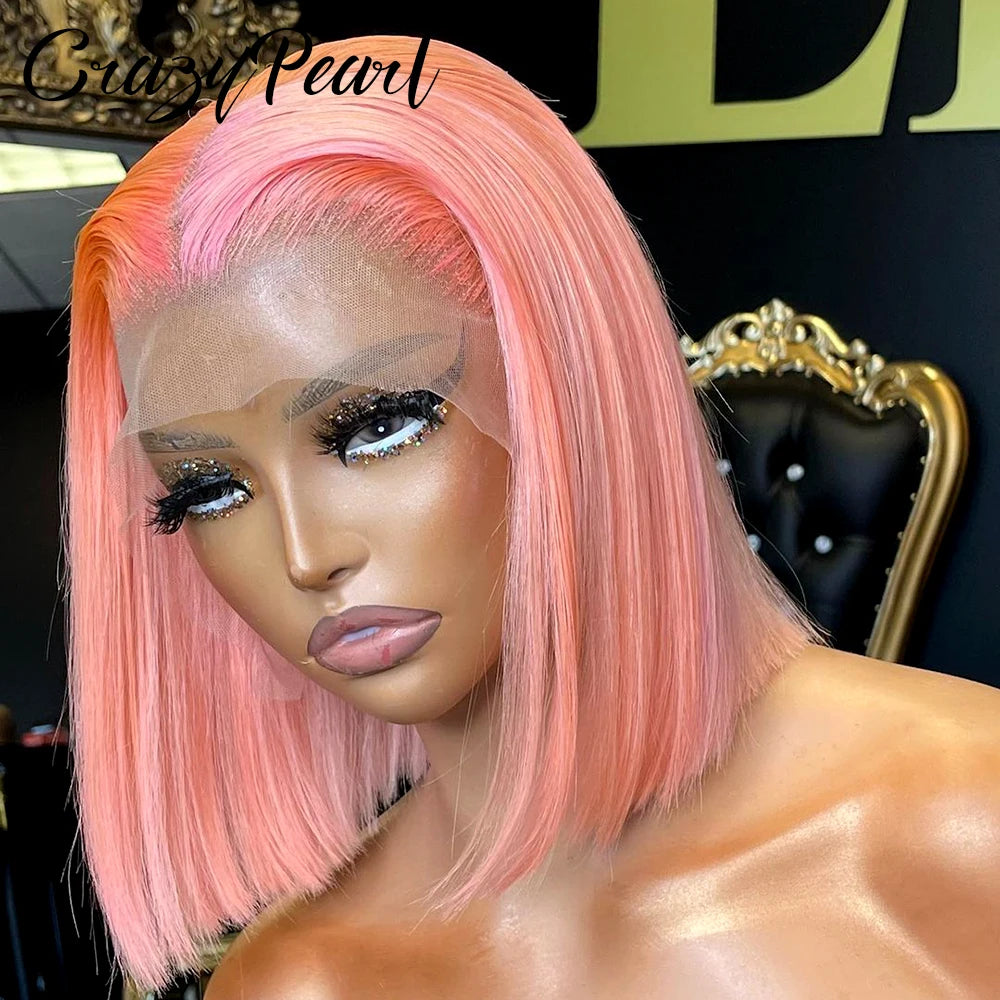 CrazyPearl Rose Pink Short Colored Bob Human Hair Wigs 13X4 Straight Bob Wig Human Hair Lace Front Wigs 10Inch-14Inch