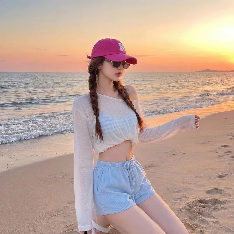 Women's 3-Piece Beach Outfit Sheer Long Sleeve Cover Up with Cami Top and Shorts, Casual Vacation Swimsuit Coverup Set