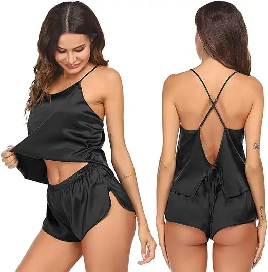 Silk Pajamas Set for Women Satin Backless Lingerie Pjs Cami Top and Shorts Nightwear Sexy Satin Lingerie Pjs Cami Top