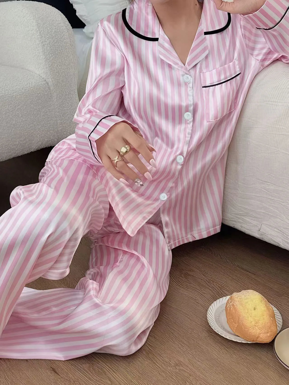 Women Satin Pink Striped Print Pajama Sets Victorian Style Sleep Tops With Pants Comfortable Silk Sleepwear Loungewear 2Pcs