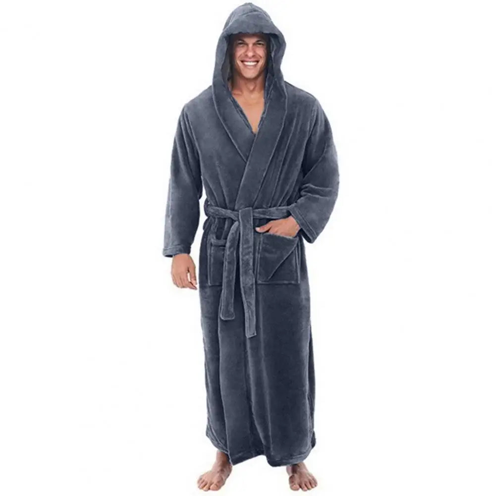 Plush Bathrobe Luxurious Men's Hooded Bathrobe with Adjustable Belt Ultra Soft Absorbent Male Robe with Pockets Plush Solid