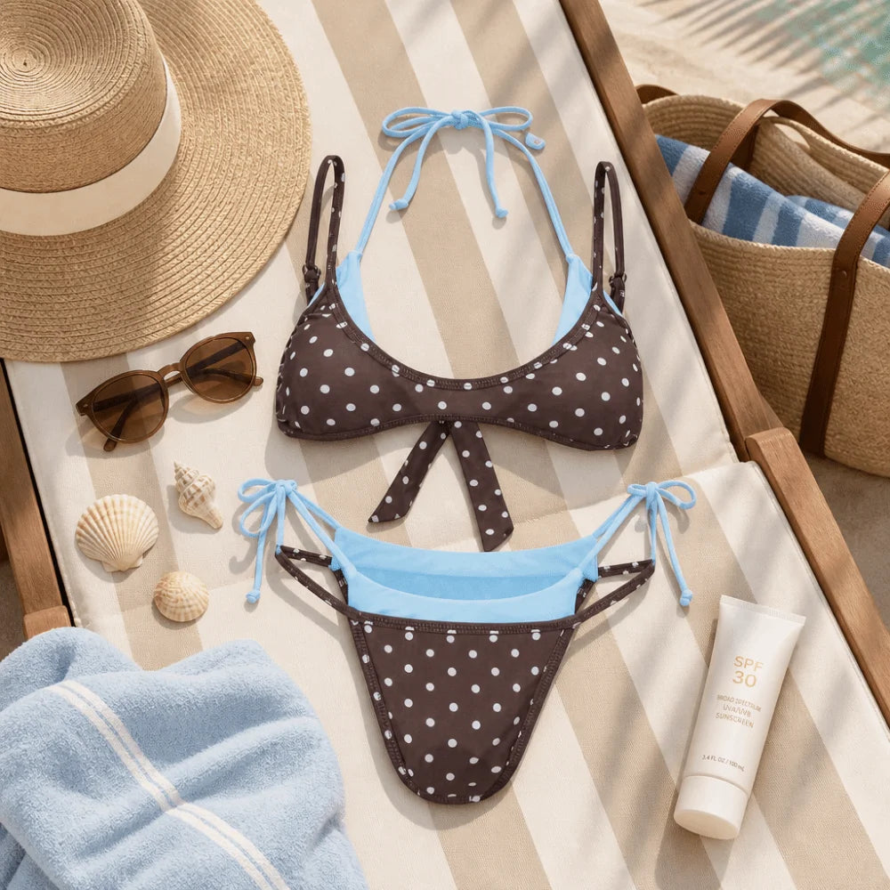 Bathing Suits Polka Dot Halter Bikini Set Deep V Low Waist Ladies' Swimwear Lace-up Patchwork Summer Beachwear Vacation