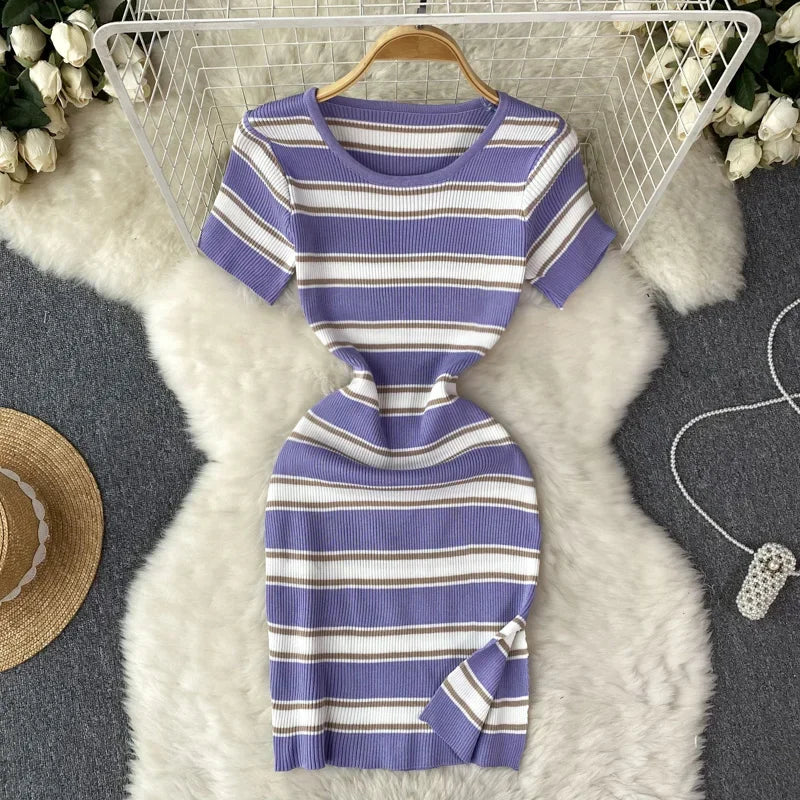 Patchwork Short Sleeve Midi Dresses High Waist Vestidos De Mujer Elastic Casual Robe Pullover Sexy Dress Bodycon Women Clothing