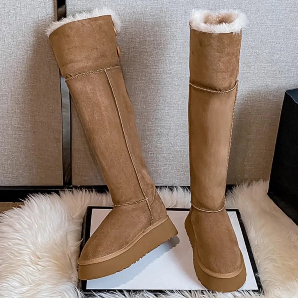 Snow boots for women 2025 new winter high-end button up long tube boots for warmth and height increasing boots for women