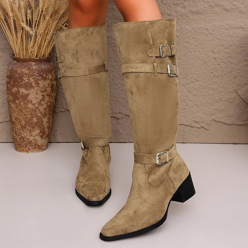 Fashion Faux Suede Knee High Boots Women 2026 Autumn Pointed Toe High Heel Western Boots Woman Chunky Heeled Cowboy Long Botas