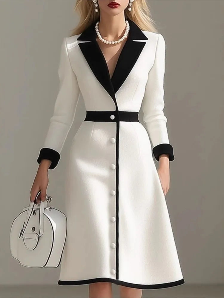 Autumn High-end Women Office Suit Dress Fashion Black White Color Block Color High Waist Slimming Quarter Sleeved Dress Female