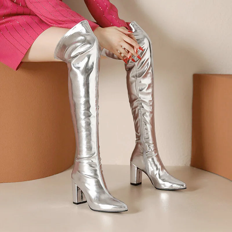 Sexy Over the Knee High Boots Women Party Dance Winter Shoes Ladies Silver Gold Thick High Heel Custom Botas Feminina WSH4928