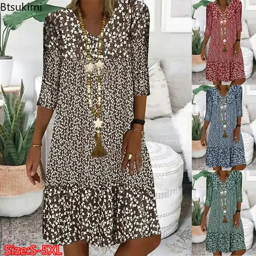 Summer Dress Women Vintage Floral Printed A-Line Dress Fashion V-neck Boho Beach Skirt Elegant Party Dress Casual Vestidos Femme