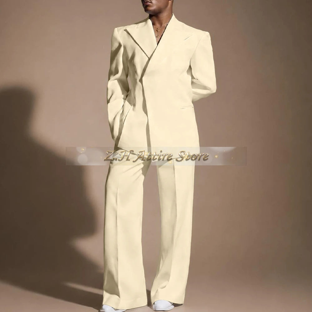 White Wedding Suit for Men 2-piece Set Double Breasted Jacket Wide Leg Pants Custom Slim Fit Prom Party Male Tuxedo