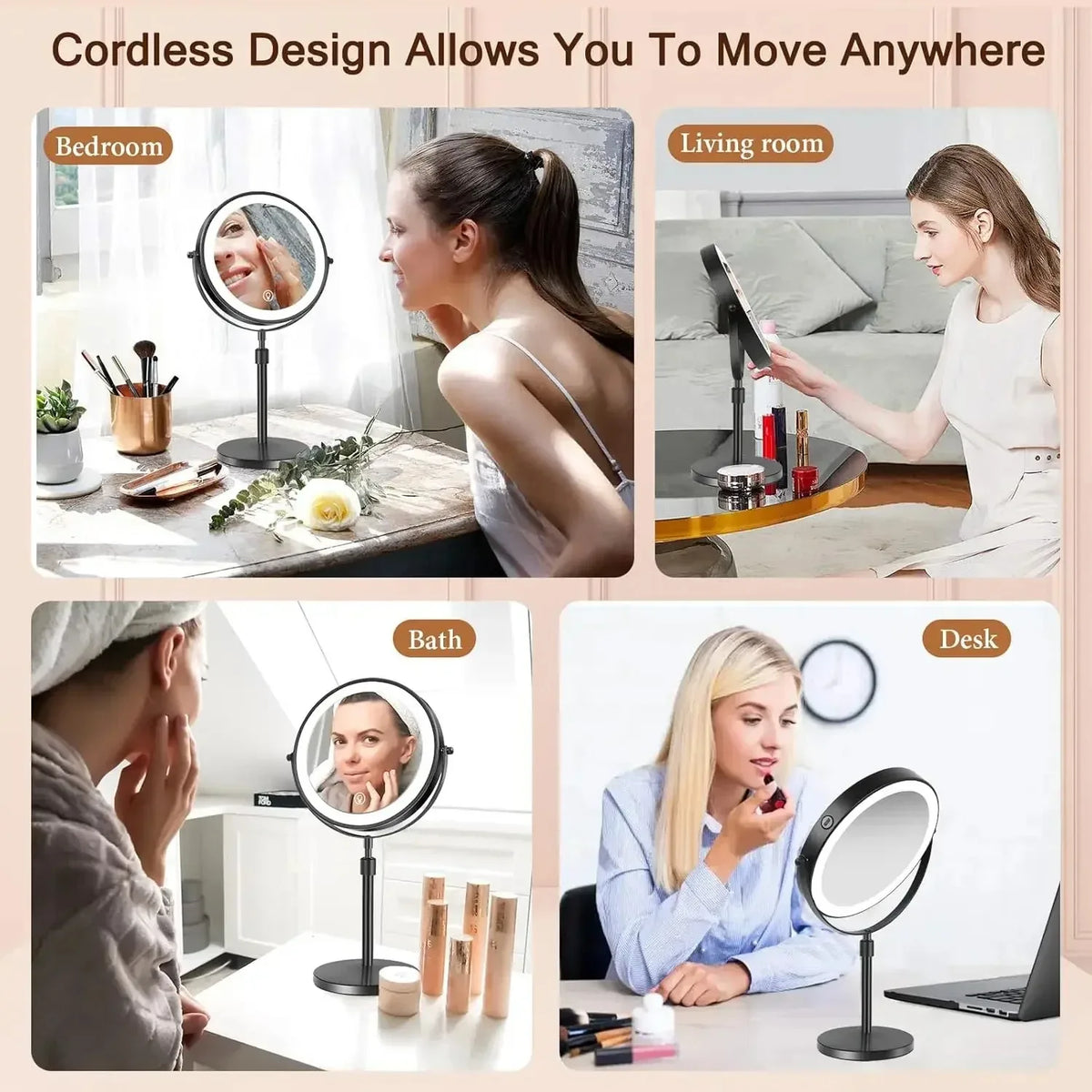 LED Vanity Mirror 3 Colors LED With Adjustable Height Standing 8 Inch 10X Magnification Double-Sided Makeup Mirror
