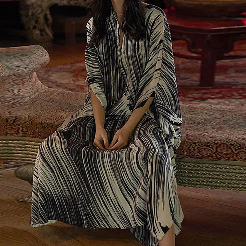 Women's Dress Fashion Beach Vacation Striped Printed Robe 2023 Summer New Casual Vintage Loose Waist V-Neck Long Dresses Female