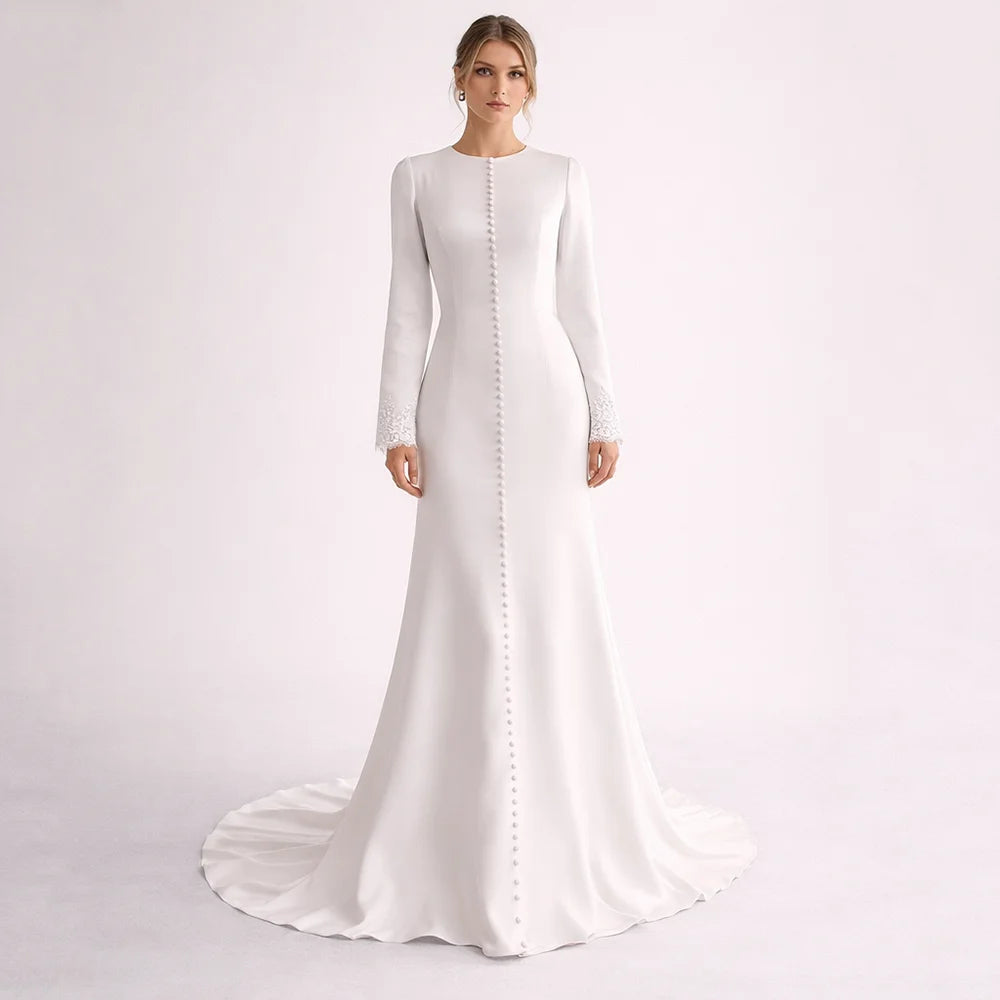 Muslim Wedding Dresses A Line Modest Brides Dress O Neck Lace Long Sleeve Button Woman's Bridal Dress Vestido De Novia Customizd