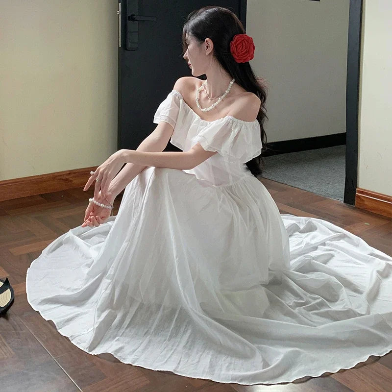 Summer White Beach Robe Long Dress For Women Slash Neck Short Sleeve Off The Shoulder Maxi Vestidos Elegant Evening Party Dress