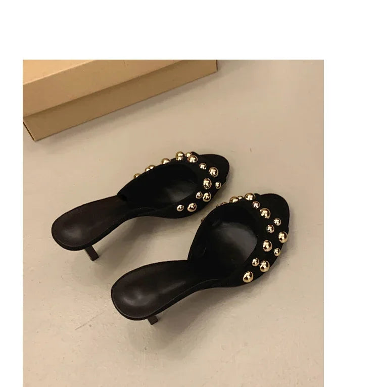 2026 Summer New Women's Shoes Black Velvet Effect Studded Backless One-foot Stiletto Sandals Women's High Heels Zapatos De Mujer