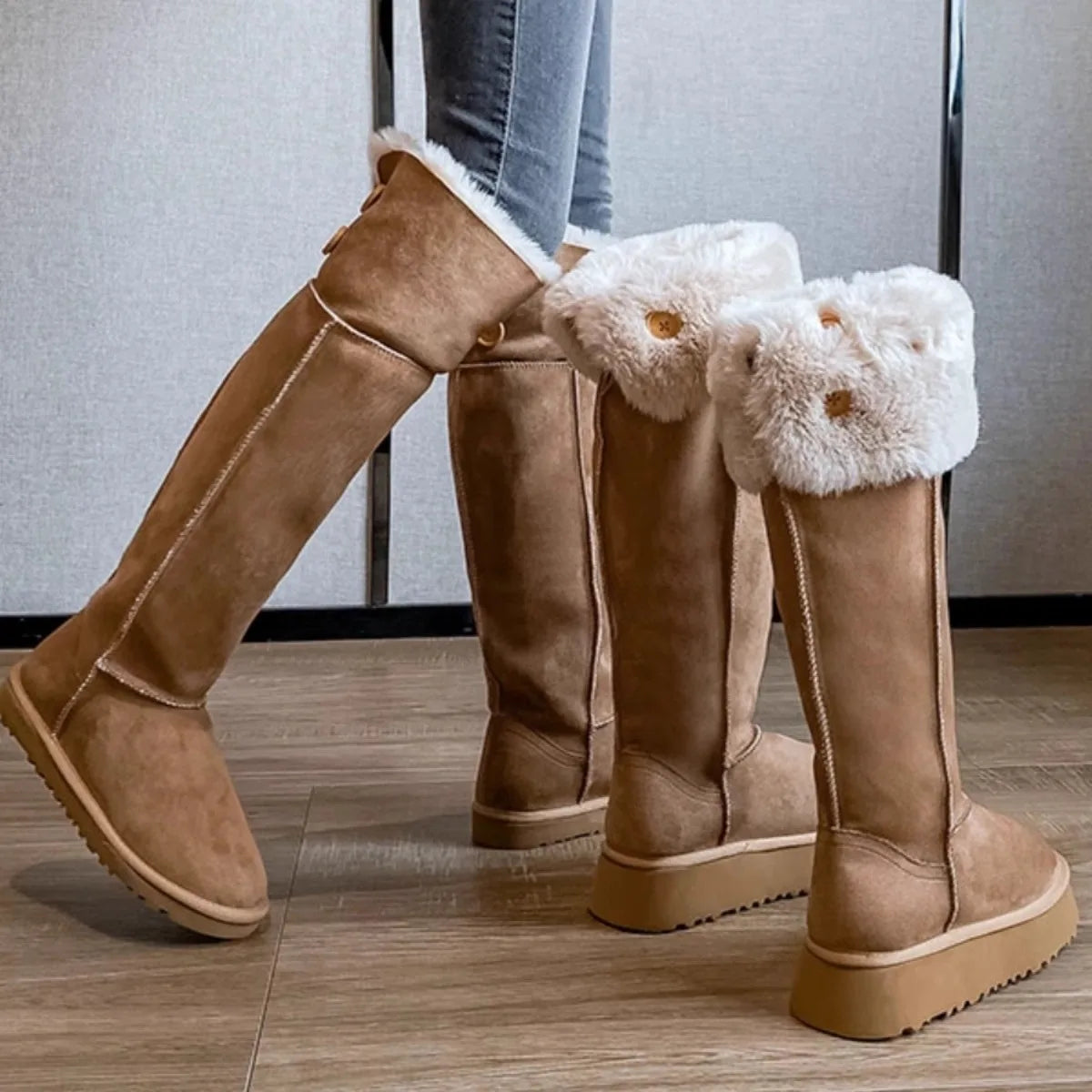Snow boots for women 2025 new winter high-end button up long tube boots for warmth and height increasing boots for women