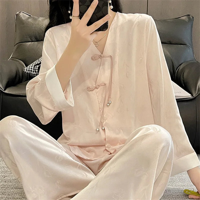 Pijama Feminino Fashion New Silk Satin Sleepwear Set Vintage Style Home Clothing Autumn Winter Pajamas For Women Sleeping Wear