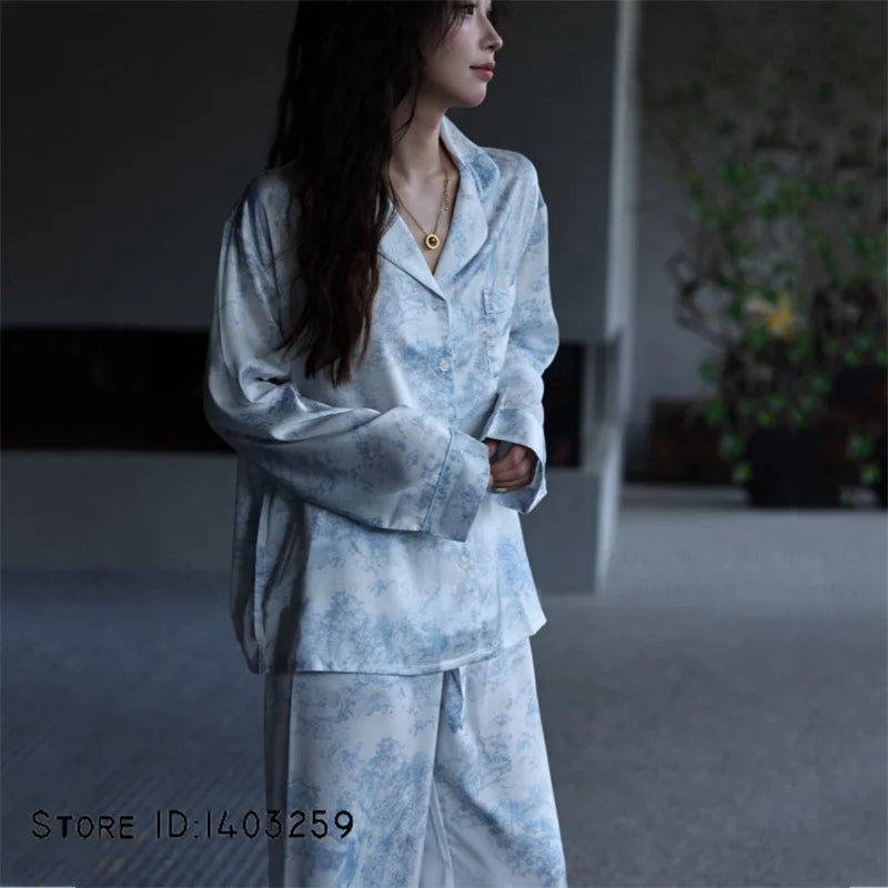New Women Pijamas Silky Satin 2PCS Pajamas Set Sleepwear Spring Autumn Trouser Lounge Wear Loose Casual Female Homewear Lingerie