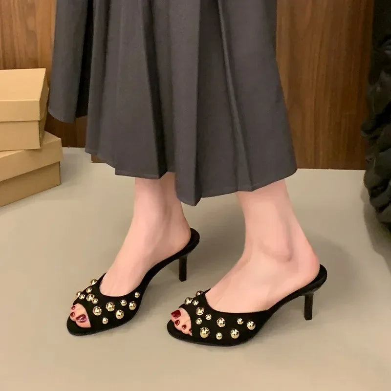 2026 Summer New Women's Shoes Black Velvet Effect Studded Backless One-foot Stiletto Sandals Women's High Heels Zapatos De Mujer