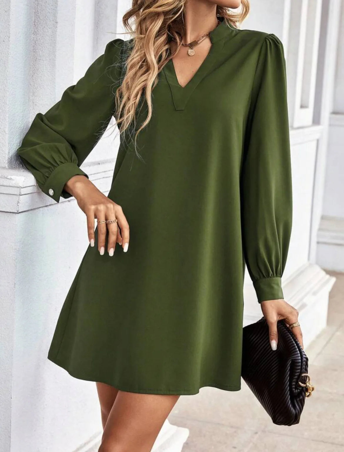 Office Lady Shirt Style Dresses Women's V-neck Long Sleeved Mini Dress Spring Autumn Solid Color Work Clothes