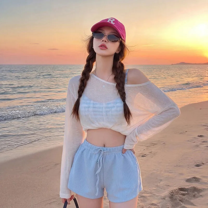 Women's 3-Piece Beach Outfit Sheer Long Sleeve Cover Up with Cami Top and Shorts, Casual Vacation Swimsuit Coverup Set